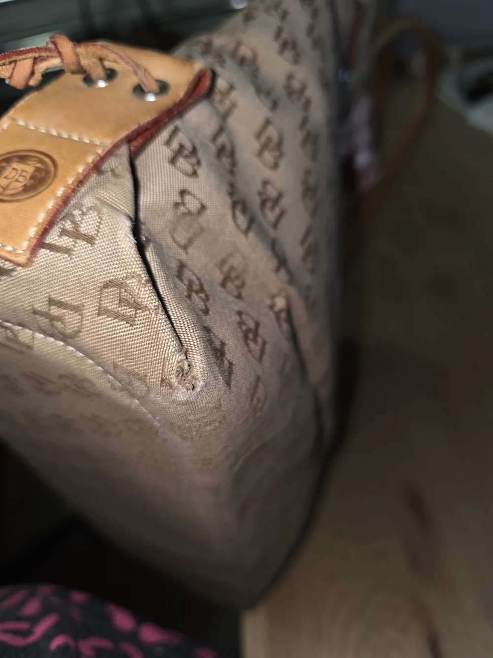 Dooney & Bourke Tan/Brown Monogram Tote with Leather Trim